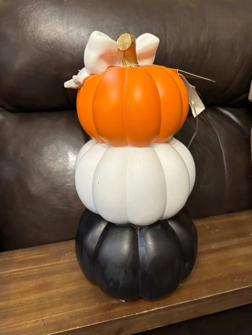 Stacked Pumpkin Jack-O'-Lanterns with bow- Orange White Black lights up